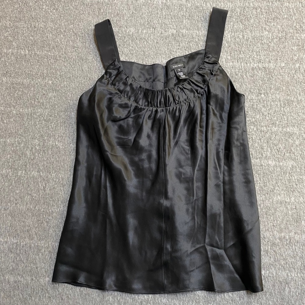 Nine West Black 100% Silk Camisole Tank Top Ruched Scoop Neck Size 10
